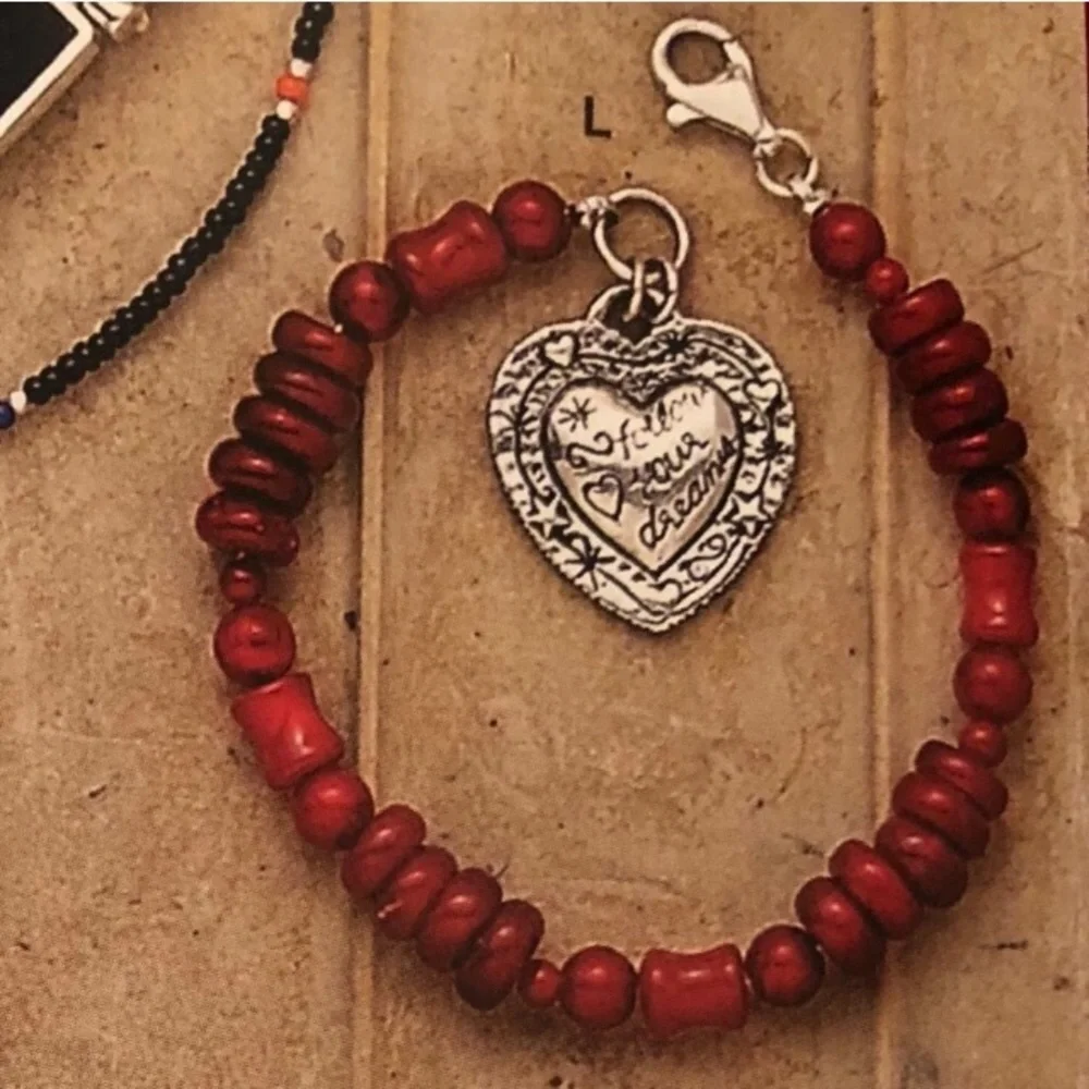 Rare Vintage Silpada Red Coral Sterling Silver Heart Charm Bracelet B0937